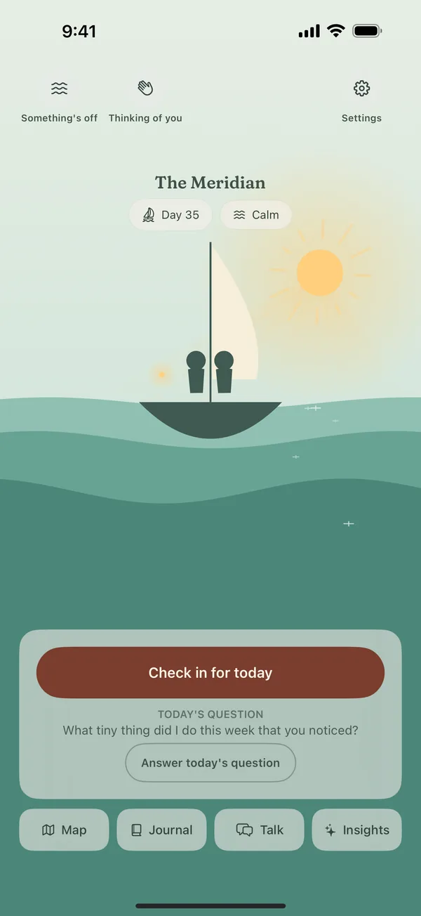 Saath home: the shared boat at sea with today's check-in and question