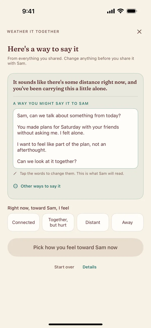 A suggested way to say a hard thing kindly, editable before sharing